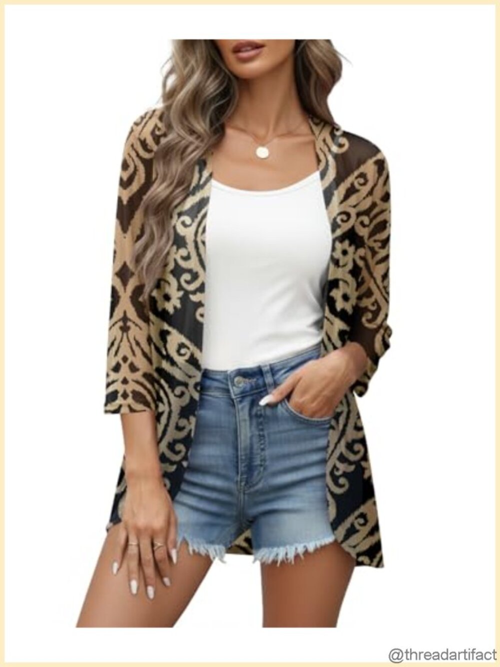 Sheer Mesh Cardigan Beach Cover Up 3/4 Sleeve Women